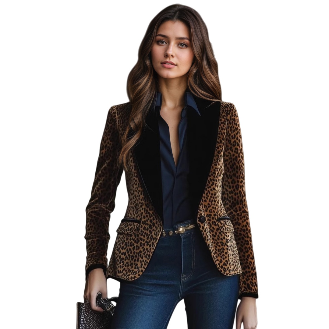 Womens Leopard Print Blazer Button Up Business Jacket Fashion Contrast Lapel
